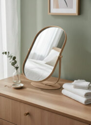 Biznest Beige Oval Mirror 360 Rotation Function Dressing Table Framed Stand Swivel Design Home Vanity Decor Display - thumbnail 2