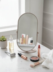 Biznest Beige Oval Mirror 360 Rotation Function Dressing Table Framed Stand Swivel Design Home Vanity Decor Display - thumbnail 3