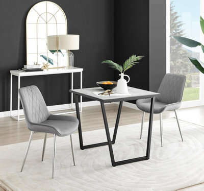 Furniturebox Uk Carson White Marble Effect Square Dining Table & 2 Grey Pesaro Silver Chairs - image 1