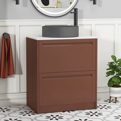 Royal Bathrooms Royal Bathroom Elmore 700mm Terracotta Clay Freestanding Bathroom Vanity Unit 2 Drawer Plain White Worktop With Art Round Basin - image 1