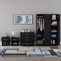 Lassic Vida Designs Riano 4 Piece Bedroom Set (1 Drawer Bedside Chest, 4 Drawer Chest, 3 Door Wardrobe), Black - thumbnail 2