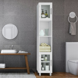 Costway Bathroom Tall Cabinet Slim Freestanding Storage Organizer Cupboard 2 Glass Doors - thumbnail 1