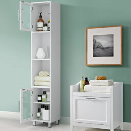 Costway Bathroom Tall Cabinet Slim Freestanding Storage Organizer Cupboard 2 Glass Doors - thumbnail 5