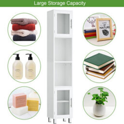 Costway Bathroom Tall Cabinet Slim Freestanding Storage Organizer Cupboard 2 Glass Doors - thumbnail 8
