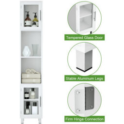 Costway Bathroom Tall Cabinet Slim Freestanding Storage Organizer Cupboard 2 Glass Doors - thumbnail 7