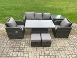 Fimous Wicker Pe Rattan Outdoor Garden Furniture Set Adjustable Rising Lifting Dining Table With Chair Side Table - thumbnail 2
