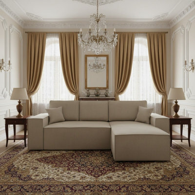 Malaga L Shaped Mdf Corner Sofa Bed With Storage And Pull Out Seat Loose Back Cushions Beige Right - image 1