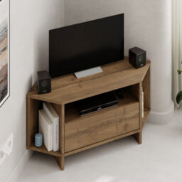 Decortie Modern Viva Corner Tv Unit Shelf Up To 36 Inch Tvs Push To Open Storage Cabinet, 3 Open Shelf 95.7(W)Cm Dark Oak Effect