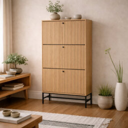 Wyld Haus Bjork Natural Oak Shoe Cabinet With Black Steel Base, 3 Flip-Down Doors, 720 X 250 X 1404 mm