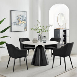 Furniturebox Furniturbeox Uk Nina White Marble Ceramic Top Round Dining Table & 4 Black Calla Chairs