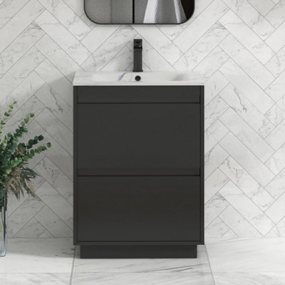 Royal Bathrooms Orion 600mm Matt Obsidian Black 2 Drawer Floor Standing Vanity Unit With Carrara White Basin & Black Accent Trim - image 1