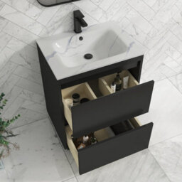 Royal Bathrooms Orion 600mm Matt Obsidian Black 2 Drawer Floor Standing Vanity Unit With Carrara White Basin & Black Accent Trim - thumbnail 4