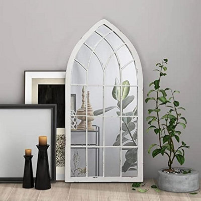 Deenz Arched Top Window Wall Mounted Framed Mirror White Brush Unique Design Distressed Decorative Item Indoor Use 60X90 Cm