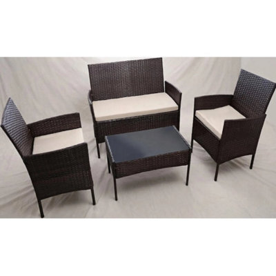 Brown 4 Piece Rattan Garden Furniture Set  Patio Sofa, Loveseat  Glass Coffee Table - image 1