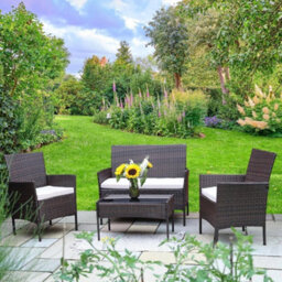 Brown 4 Piece Rattan Garden Furniture Set  Patio Sofa, Loveseat  Glass Coffee Table - thumbnail 5