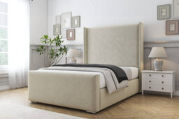 "Sloomy Devonshire Cream Plush Bed Frame With Mattress With 50""  Upholstered Wingback Headboard 2'6 Small Single" - thumbnail 2