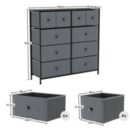 10 Drawer Modern Fabric Chest Of Drawers Dresser Storage Grey & Black Bedroom Furniture - thumbnail 5