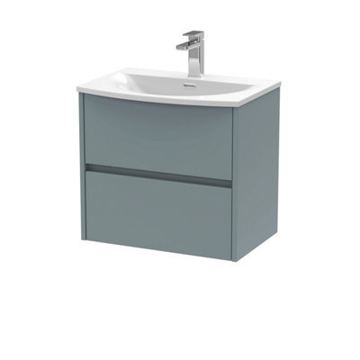 Nuie Havana Wall Hung 2 Drawer Vanity Basin Unit & Curved Ceramic Basin, Modern Sink Vanity Unit In Coastal Grey With White - image 1
