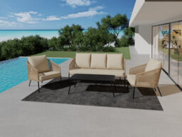 Beige Weave Rope Style Garden Lounge Sofa Set 5 Seater With Coffee Table & Cream Cushions - thumbnail 1