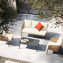Beige Weave Rope Style Garden Lounge Sofa Set 5 Seater With Coffee Table & Cream Cushions - thumbnail 4