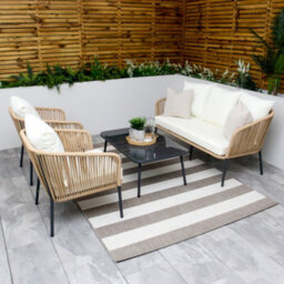 Beige Weave Rope Style Garden Lounge Sofa Set 5 Seater With Coffee Table & Cream Cushions - thumbnail 3