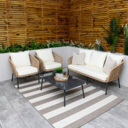 Beige Weave Rope Style Garden Lounge Sofa Set 5 Seater With Coffee Table & Cream Cushions - thumbnail 2