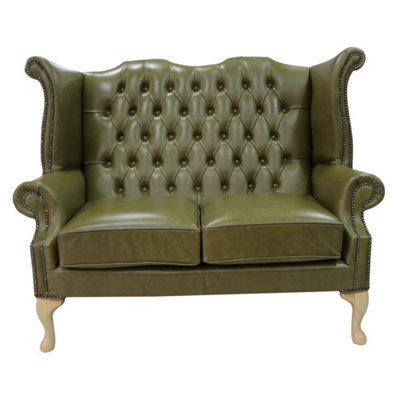 Chesterfield 2 Seater High Back Wing Sofa Old English Olive Green Leather In Queen Anne Style - image 1