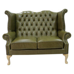 Chesterfield 2 Seater High Back Wing Sofa Old English Olive Green Leather In Queen Anne Style - thumbnail 1