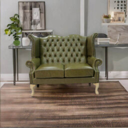 Chesterfield 2 Seater High Back Wing Sofa Old English Olive Green Leather In Queen Anne Style - thumbnail 2