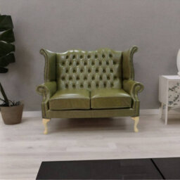 Chesterfield 2 Seater High Back Wing Sofa Old English Olive Green Leather In Queen Anne Style - thumbnail 3