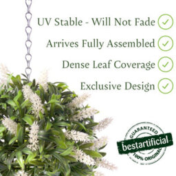 Best Artificial 24Cm White Lush Lavender Hanging Basket Flower Topiary Ball - Suitable For Outdoor Use - Weather & Fade Resistant - thumbnail 2