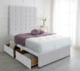 "Slumbre Cubed Crushed Velvet Divan Bed, With Pocket Mattress & 36"" Headboard - 5Ft Kingsize - White - 2 Drawers Same Side"
