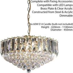 6 Light Chandelier Pendant Brass & Clear Shade Hanging Ceiling Feature Lamp Bulb - thumbnail 2