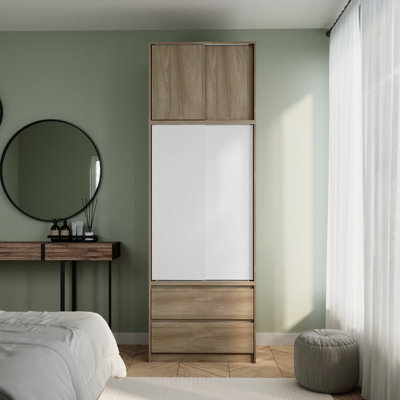 Urbn-Living Urbnliving 240Cm Height Oak Carcass With 2 Sliding White Doors Wardrobe Bedroom Storage Closet Hanging Rail Cupboard Unit - image 1