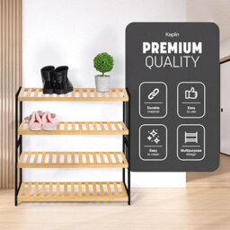 Keplin 4 Tier Natural Bamboo Shoe Rack Easy Assembly & Strong Design Shelf Organiser, Natural And Black - thumbnail 3