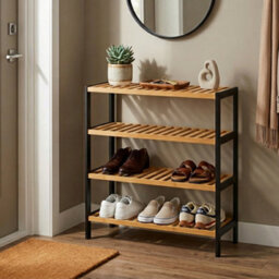 Keplin 4 Tier Natural Bamboo Shoe Rack Easy Assembly & Strong Design Shelf Organiser, Natural And Black - thumbnail 8