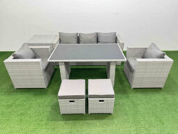 Fimous Patio Garden Furniture Sets With Black Glass Top Dining Table Armchair 3 Seater Sofa Side Table 2 Small Stool Light Grey - thumbnail 2
