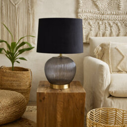 Wyld Haus Fernforge Grey Ribbed Glass Table Lamp With Black Velvet Shade