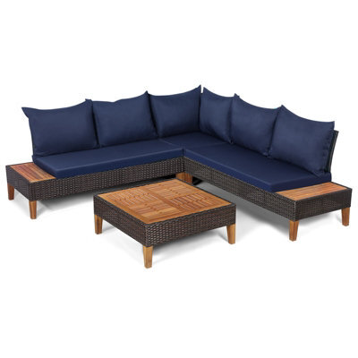 Costway 4 Pcs Rattan Garden Coner Sofa Set Acacia Wood Modular Sectional Set W/ Cushions - image 1