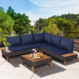 Costway 4 Pcs Rattan Garden Coner Sofa Set Acacia Wood Modular Sectional Set W/ Cushions - thumbnail 5