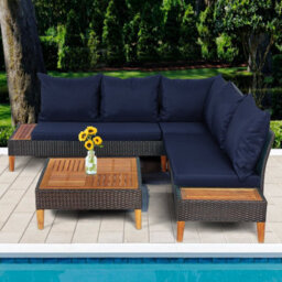Costway 4 Pcs Rattan Garden Coner Sofa Set Acacia Wood Modular Sectional Set W/ Cushions - thumbnail 4