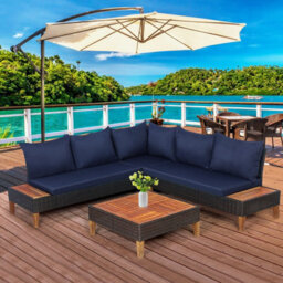 Costway 4 Pcs Rattan Garden Coner Sofa Set Acacia Wood Modular Sectional Set W/ Cushions - thumbnail 3