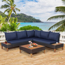 Costway 4 Pcs Rattan Garden Coner Sofa Set Acacia Wood Modular Sectional Set W/ Cushions - thumbnail 9