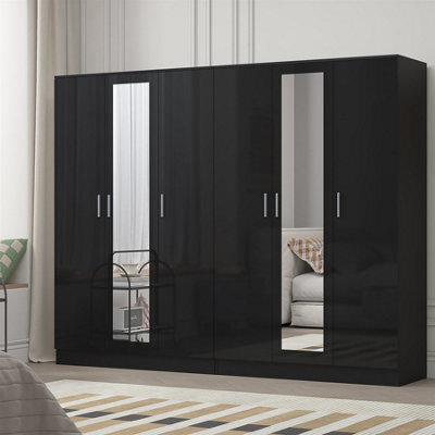 Reflect 2Pc Wardrobe Bundle - 3 Door Mirror + 3 Door Mirror - Black Gloss & Black Oak - H: 180Cm X W: 224Cm X D: 47Cm - image 1