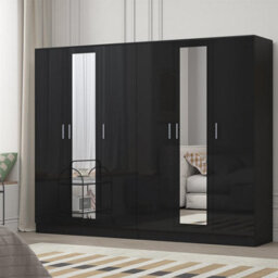 Reflect 2Pc Wardrobe Bundle - 3 Door Mirror + 3 Door Mirror - Black Gloss & Black Oak - H: 180Cm X W: 224Cm X D: 47Cm - thumbnail 1