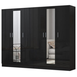 Reflect 2Pc Wardrobe Bundle - 3 Door Mirror + 3 Door Mirror - Black Gloss & Black Oak - H: 180Cm X W: 224Cm X D: 47Cm - thumbnail 5
