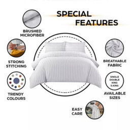 Ameha White Striped Microfibre Bedding Set King, Reversible & Breathable Duvet Cover, Fitted Sheet & Pillowcases - thumbnail 3