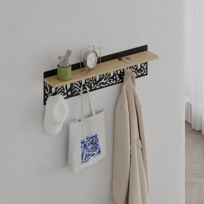 Decortie Novo Wall-Mounted Coat Rack Oak Metal 7 Hooks And Open Shelf Storage Space, Hallway, Bedroom (Black Metal) - image 1