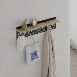 Decortie Novo Wall-Mounted Coat Rack Oak Metal 7 Hooks And Open Shelf Storage Space, Hallway, Bedroom (Black Metal)