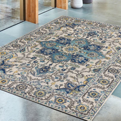 Persian Blue Traditional Easy To Clean Floral Rug For Dining Room -120Cm X 170Cm - image 1